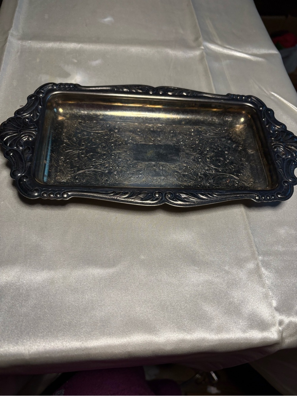 Ornate Silver-Tone Decorative Serving Tray 10” long x 5” wide